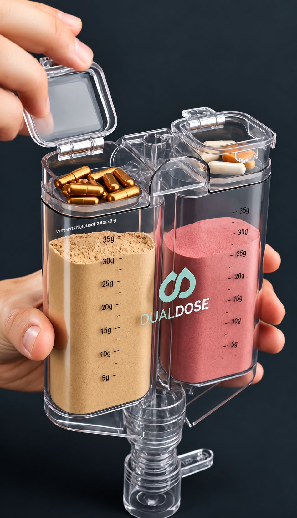 DualDose with both pill-storage lids open above two powder chambers