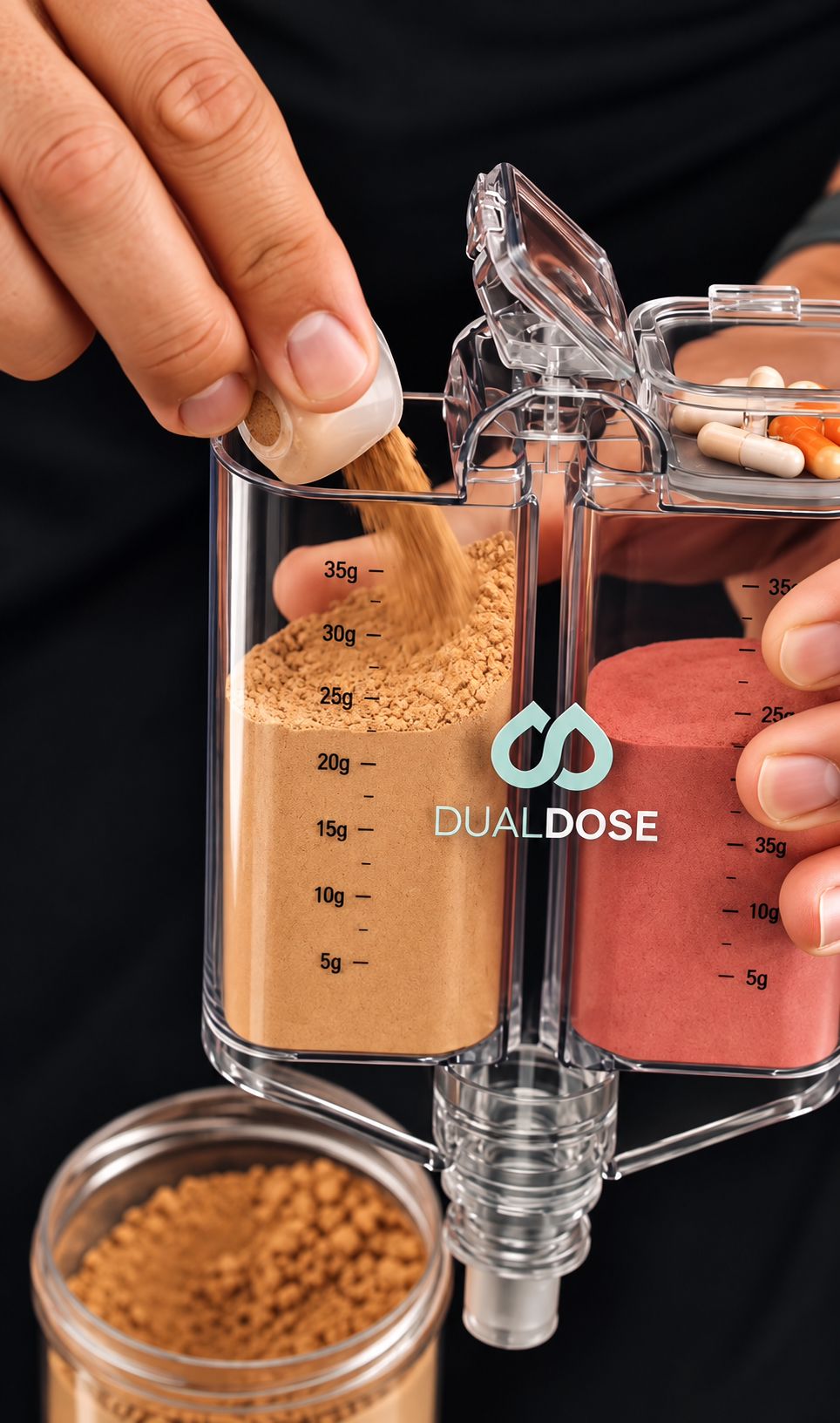 DualDose being placed into the front pocket of a gym bag