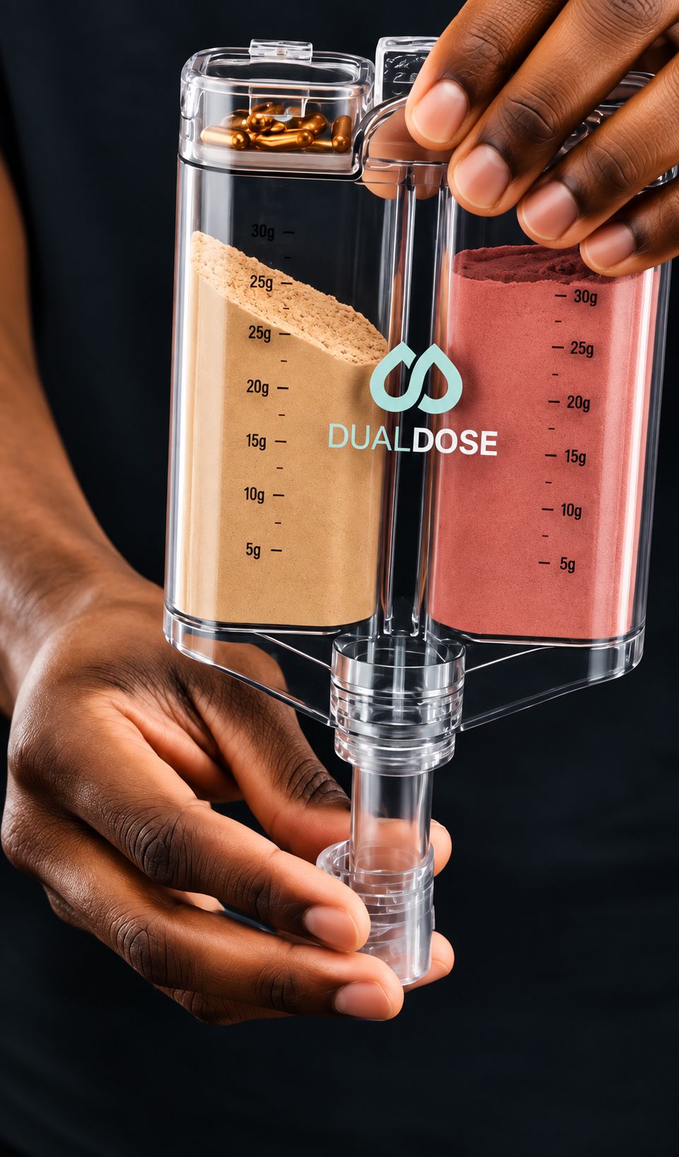 DualDose dispensing powder from one chamber into a bottle