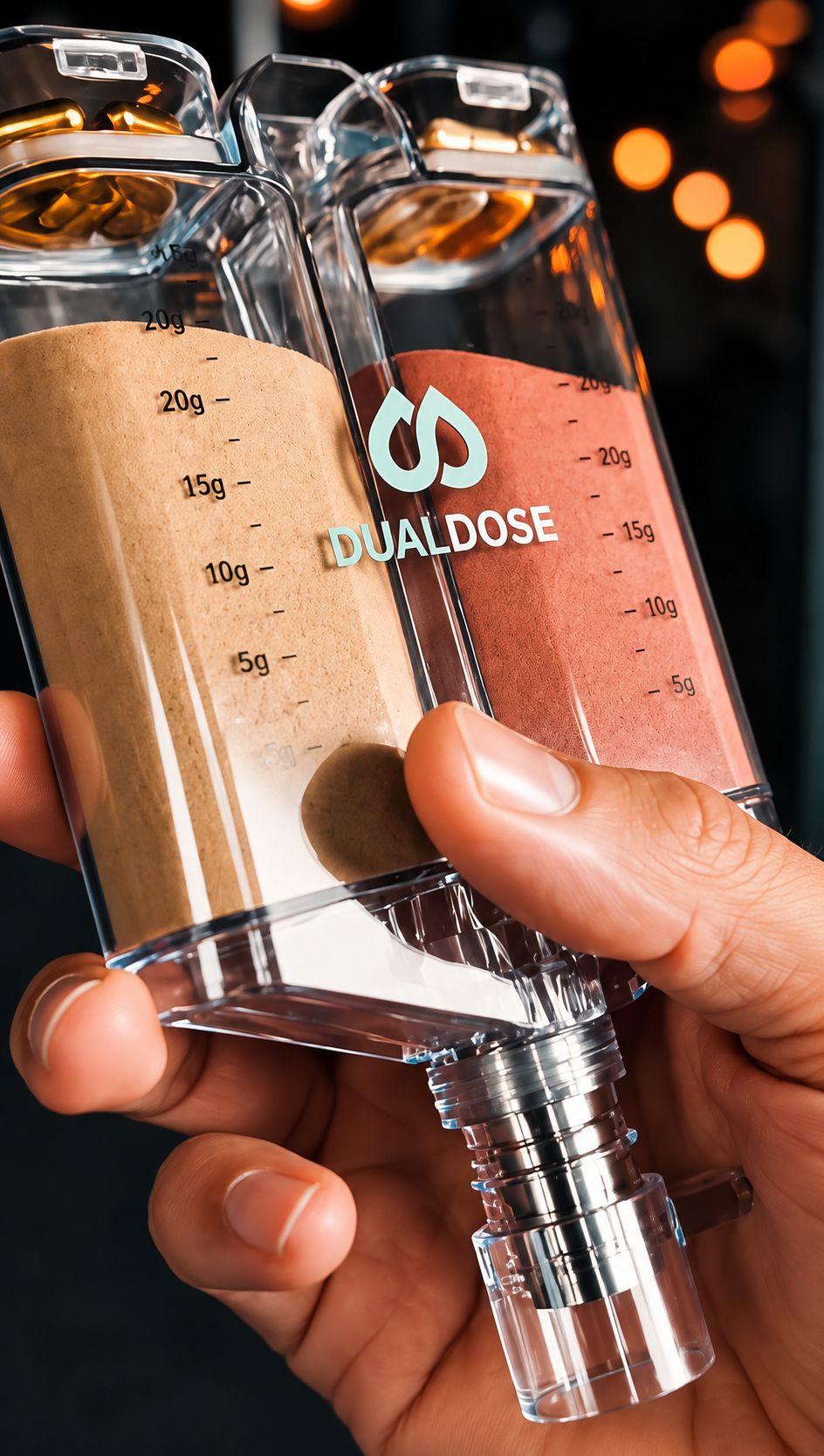 DualDose held in one hand with two powder chambers and pill-storage lids